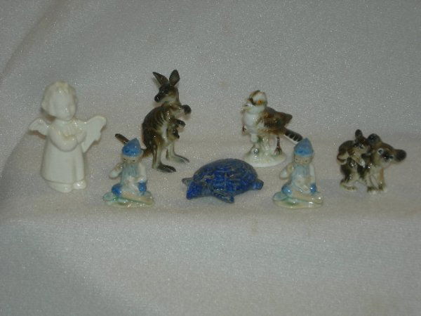 MINIATURE PORCELAIN FIGURINES INC. WADE: Miniature Porcelain Figurines Inc. Goebel Angel; Genuine Bone China Made In Japan Figures Inc. Kangaroo w/Baby, Kookaburra & Koala Bear w/Baby; 2 Wade Elf Figurines; Carved Blue Stone Turtle, Sizes Ra