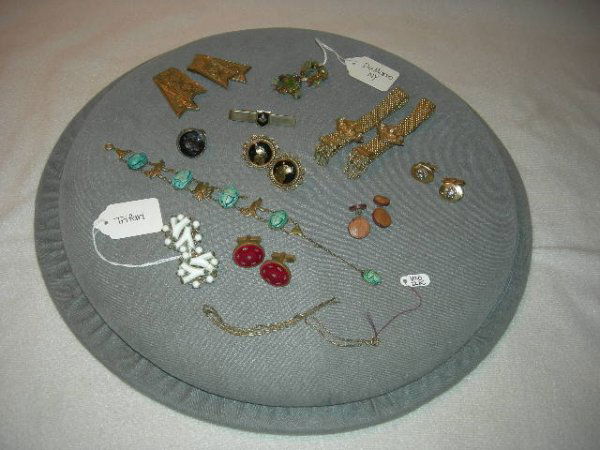 COSTUME JEWELRY LOT: Costume Jewelry Including Egyptian Motif Earrings, Pair Shoe or Sweater Clips, Vintage DeMario N Y Earrings, Pair Bracelets, Three Pair Cuff Links, Swank Masonic Tie Clip, Trifari Clip On Earrings, 1/