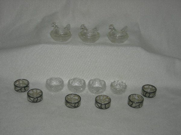 13 INDIVIDUAL SALTS: Individual Salts Including 3 Covered Hens, 4 Roung Pressed Glass, 6 Round w/Silver Overlay.