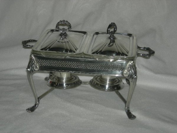 SILVER: Sheridan Silver Co.Silverplate Double Casserole w/Glass Inserts, Covers & Candle Holders w/Glass Inserts; 13"W X 10"T.