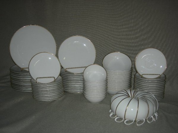 CHINA: Noritake Ivory w/Gold Trim Dignatio China Marked 7523, Service For 12 Inc Dinner Plates, Salad Plates, Bread Plates, Soup Bowls, Berry Bowls, Cups, Saucers Plus 2 Additional Cups & Saucers.