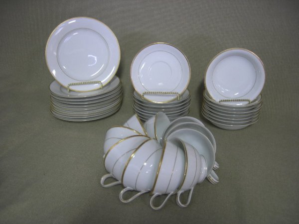 CHINA: Noritake Guilford China Marked 5291, Ivory w/Gold Trim Inc. 10 Salad Plates, 8 Berry Bowls, 10 Cups, & 8 Saucers.