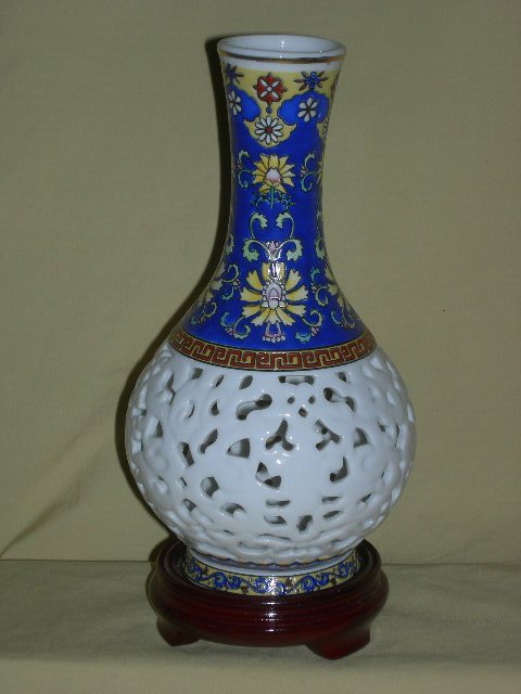 PORCELAIN: Floral Oriental Candle Holder w/Floral Motif In Shades Of Blue & Yellow, Base Detaches To Allow Easy Insertion Of Votive Candle, Unit Sits On Wooden Stand, 8"T, Silk Lined Brocade Presentation Box Inc
