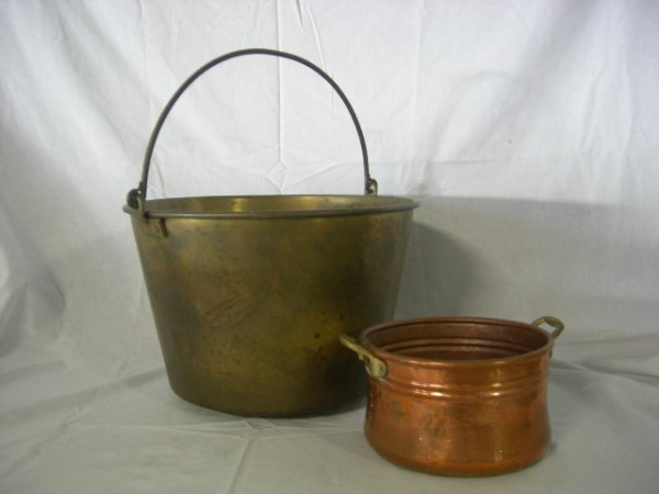 METAL: Brass Bucket w/Handle, Marked Miller w/Dates 1870 & 1873, 14"D X 10"T, & Solid Copper Pot w/2 Handles, Made In Turkey, 7.5"D X 4.75"T.
