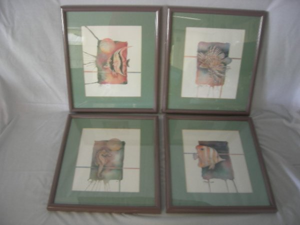 ART: 4 Paul Brent Signed, Framed, Mounted Under Glass Watercolors Fish Prints Inc. Seahorse, Lionfish, Tang, & Angel Fish, 14.75"T X 12.5"W.