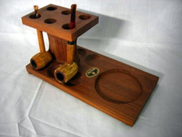 COLLECTIBLES: Solid American Walnut Pipe Stand/Tobacco Holder, Holds 6 Pipes, 10"L & 2 Meerschaum Corncob Pipes, 5" & 6"L.