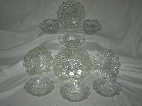 GLASS: Pressed Glass Lot Inc. Cubist Pattern Sugar Bowl, 2 Punch Cups & Plate, 6"D; Footed Bowl w/Star Flower Pattern, 7"D; 2 Dishes w/Sharply Pointed Rim, 5.5"D; 3 Sandwich Pattern Ruffle Edged Berry Bowls,
