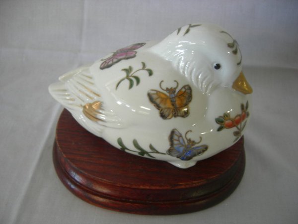 CERAMIC: Andrea Ceramic Duck By Sadek, Made In Japan, Ivory Duck w/Painted Butterflies, Twigs, & Gold Accents, 5.5"L And Wood Stand.
