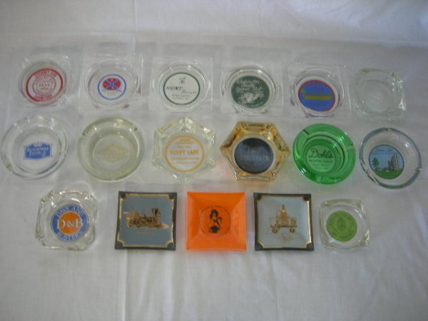COLLECTIBLE: 17 Souvenir Glass Ashtrays Inc The Playboy Club, Bernsteins Fish Grotto, Stickney Sisk Domitory, & Dohl's Morton House.