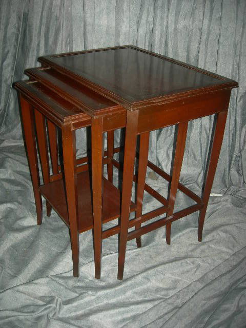 MAHOGANY NESTING TABLES: Mahogany Nesting Tables Set Of 3, Interlocking, Tapered Legs, Graduating From Smallest: 14"W X 12.5"D X 24"T w/Lower Shelf, 18.5" X 14.5"D X 25", 22.5"W X 16.5"D X 26"T.