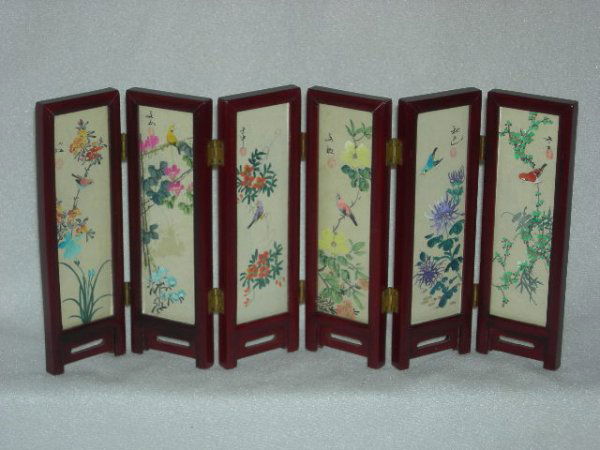 ART: Miniature Oriental Folding Screen w/6 Teak Panels, Each Having A Different Signed Watercolor On Silk Fabric, Under Glass, One Side Depicts Flowers w/Birds, The Other Side Depicts Mountain Scenes In Or