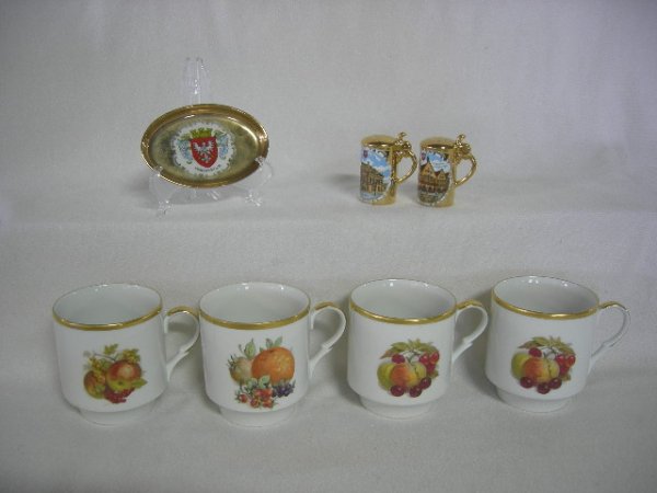 CERAMIC: German Gold & White Ceramic Lot Inc. 4 Bavarian Mugs w/Fruit & Berry Design & Gold Rim, Marked Schumann;Souvenir Stein Shaped Salt & Pepper w/Tray 22K Gold; 2" - 3.5"T.