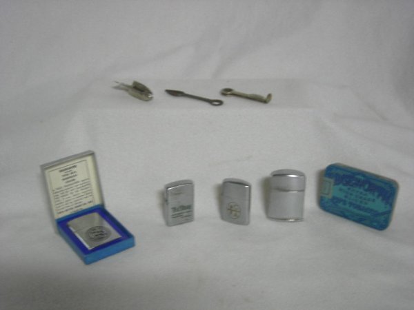 COLLECTIBLE: Vintage Pipe Tools & Butane Lighters Inc. Atmos Folding Pipe Reamer, 2 Pipe Spoons (1 Made In Czechoslovakia), & 4 Metal Butane Lighters Inc Ronson, Beta, Idealine, & Great American.