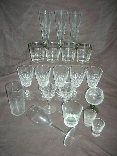 GLASS: Bar Lot Inc. 12 Etched & Pressed Glass Stems, 4 Silver Rim Old Fashion Glasses, 2 Tumblers, & 2 Shot Glasses, 2.25" To 8.5"T.