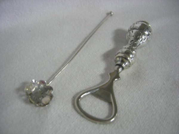 STERLING: Sterling Silver w/Metal Bar Tool Lot Inc. Silver Handle Bottle Opener w/Scrolling Floral Design, 5.25"L & Sterling Stir Stick w/Pierced Bowl, 6.5"L.
