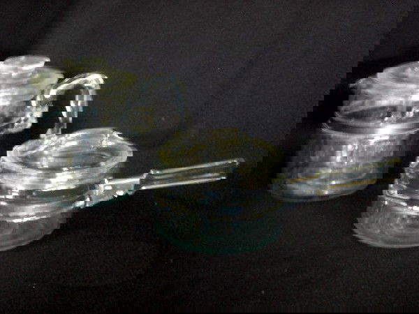 PYREX BANDED GLASS COFFEE & TEA POTS: Pyrex 6 Cup Metal Banded, Glass Handle Coffee Pot & Pyrex Metal Banded, Glass Handle Tea Pot, 4.5" & 6.5"T.