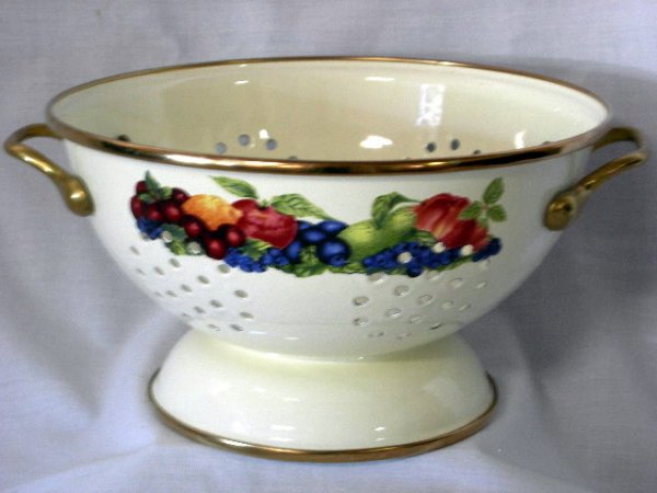 ENAMEL LOT: Lincoware Enamel Lot Inc. Covered Tea Kettle, Strainer, & Canister, Fruit Pattern On Ivory Color Background, 5", 5.5", & 7"T.