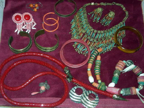 BOHEMIAN JEWELRY: Bohemian Jewelry Lot Inc. Red Slinky Snake Belt w/Ruby Red Rhinestone Eyes, 42"L; Turquoise & Russet Cylindrical Bead Necklace & Earrings; Shell & Disk Beads w/Silver Tone Beads; 7 Bracelets; Pendant;