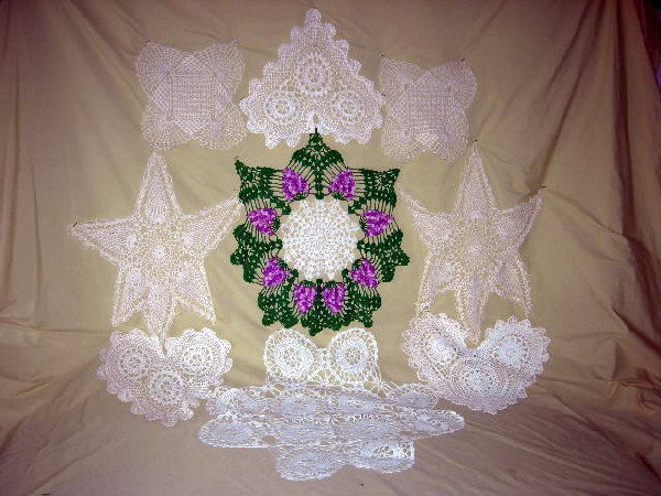 VINTAGE DOILIES: Vintage Doilies Inc. Lavender Grapes & Green Leaves, Star Shaped, Heart Shaped, Round, Sizes Ranging From 10"L - 24"L.