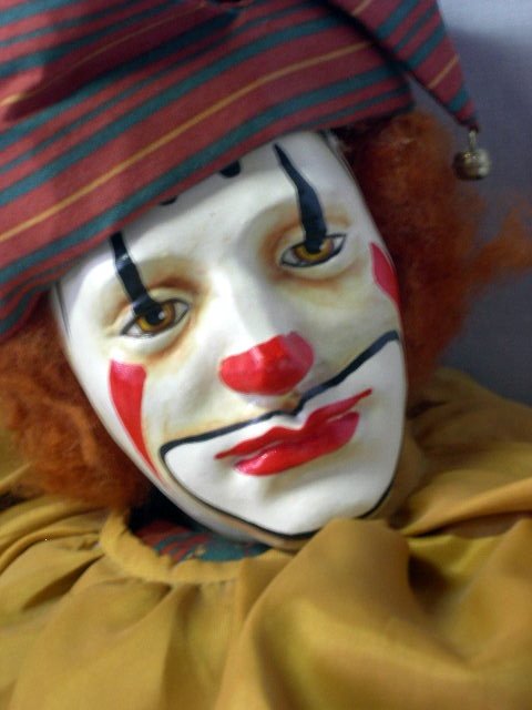 STUFFED JESTER: Large Fabric Stuffed Jester w/Life Like Composite Mime Face, 48"T.