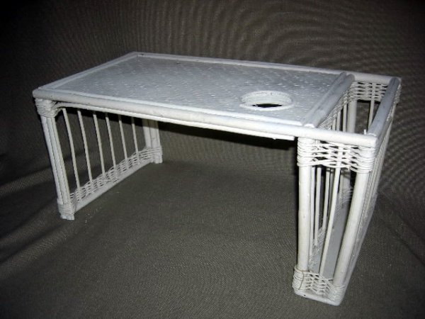 PAIR WHITE WICKER BED TRAYS: Pair White Wicker Bed Trays w/Magazine Storage & Drink Holders, 22"W X 12"D X 10.5"T.