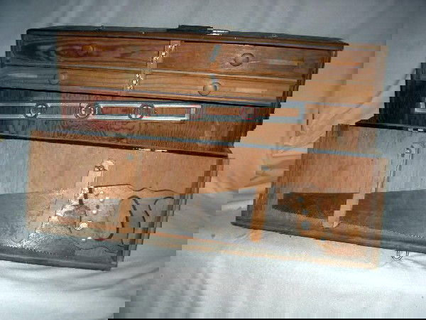 VINTAGE TOOL BOX & TOOLS: Vintage Tool Box w/4 Drawers Inc. Brace, Ball Peen Hammer, Soldering Gun, Screws, Chalk Line, 2 Planes, 2 Framing Squares, Draw Knife, Saw.