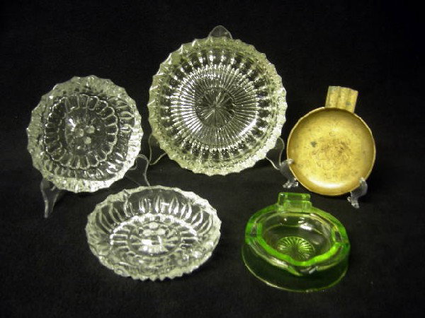 VINTAGE GLASS ASHTRAYS: 4 Vintage Pressed Glass Ashtrays Inc. 3 Clear, 1 Green Glass & Brass Etched, 4.5" To 7.5"D.