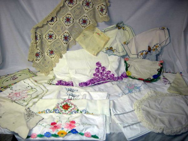 VINTAGE LINENS: Vintage Linens Including 10 Embroidered, Crocheted or Applique Pillow Slips; Dresser Scarves; Placemats.