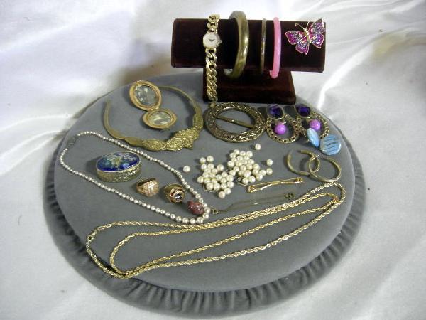 COSTUME JEWELRY LOT: Costume Jewelry Including Pearl Necklace; 2 Gold Chains; Butterfly Pin; Timex Watch on Chunky Chain; Oval 2" Long Locket w/Photographs; HJ Ultra Supertone 1938 Carrabelle, FL Class Ring; Unstrung Pear