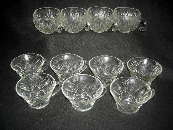 11 PRESSED GLASS PUNCH CUPS: 11 Pressed Glass Punch Cups Inc. 4 Square w/Star Design & 7 w/Starburst Design, 3" To 3.5"D.