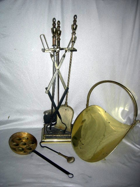 BRASS & METAL FIREPLACE ACCESSORIES: Brass & Metal Fireplace Tools in Stand, Damper Closer, Ebelskiverr Pan (Copper), and Log Holder.