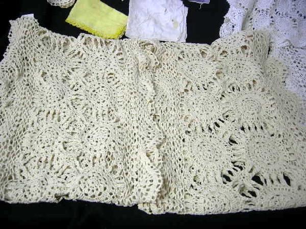 VINTAGE LINENS: Vintage Linens Including 5 Crocheted Dresser/Table Scarves in White and Ecru, One Tagged Made in China - 34.5", 43", 64", 68" and 74" L; 4 Handkerchiefs; and Handmade Dresser Piece, 12" x 8.25".