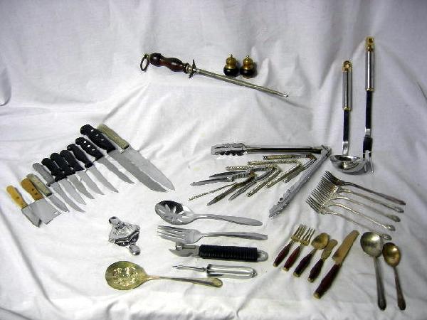 KNIVES PLUS: Knives Etc. Kitchen Lot Including Wood & Brass Salt & Pepper Shakers, Wooden Handle Knife sharpener, 2 pr. Tongs, Stainless Ladle/Fork/Salad Spoon & Fork, Can Opener, Stainless Zester, 3 Nutcrackers &