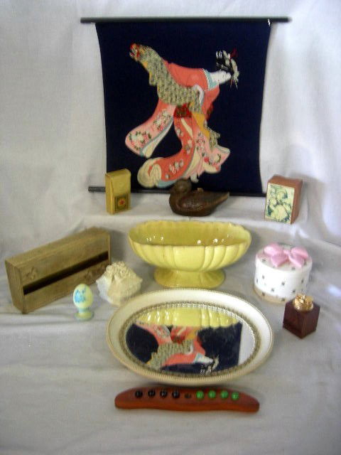 LADIES LOT: Ladies Lot Inc. Fabric Geisha Girl Print, Yellow Ceramic Vintage Planter, Oval Framed Mirror w/Beaded Rim, Princess Gardner Cigarette Case, Lazer Craft Lighter In Engraved Wood Box, Metal Tissue Holde