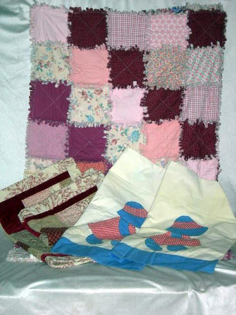 QUILTED LOT: Quilted Lot Inc. Ragged Edge Patchwork Quilt, 62" L X 50"W; Pair Appliqued & Quilted Sun Bonnet Sue Pillow Slips; Pieced & Quilted Pillow Shams w/Velvet Accents.