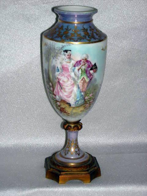 SIGNED FRENCH PORCELAIN URN: Porcelain Hand Painted Signed (Heta?) Urn Marked France On Ormolu Bottom w/Stamped Mark On Procelain, Romantic Garden Scene Of Couple In Period Dress, 9.5"T.