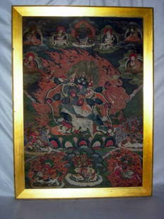 TIBETAN MAHAKALA THANKA PAINTING: Tibetan Mahakala Thanka Painting In Ink & Goache On Cloth, 31" Tall x 21" Wide. Frame Included But Not Installed.