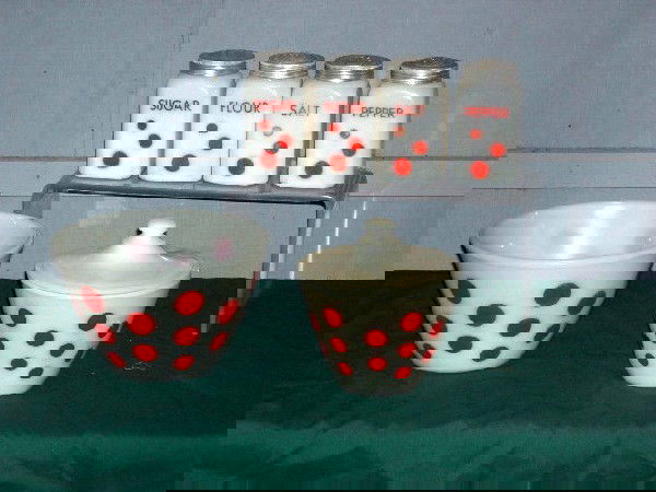 RED POLKA DOT FIRE KING KITCHENWARE: Kitchen Fire King Group Including Mixing Bowl (7.5" Diameter x 4.75" Tall); Covered Grease Bowl (5.5" Diameter x 6.5" Tall); and Flour, Sugar, Salt and Pepper Shakers (4.5" Tall). All White w/Red Polk