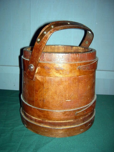 SUGAR BUCKET: Wooden Sugar Firkin w/Stave Construction and Bands, 9.5" Diameter x 10" Tall.