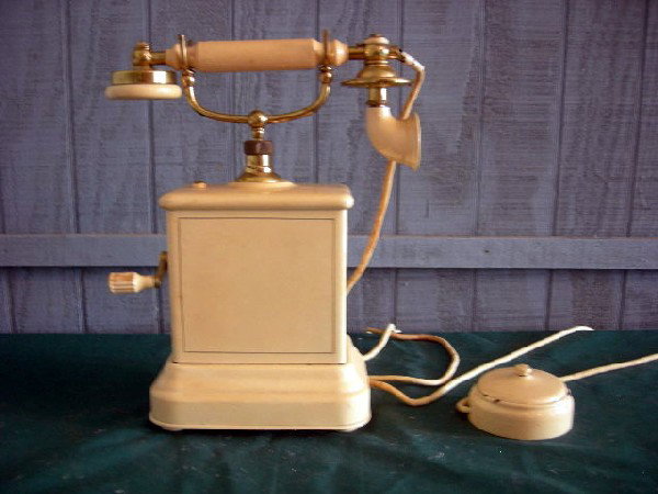 EARLY FRENCH PHONE W/HAND CRANK: Ivory Crank Phone with Receiver in Cradle, Dec 19 1959, 12.75" Tall.