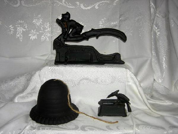 CAST IRON LOT: Cast Iron Lot Including Tobacco Cutter, 10.5" Long; Bee Hive String Holder/Dispenser, 5/5" Tall (Bottom Stays Attached But Is Chipped); Woodpecker Toothpick Dispenser, 4.5" Long.