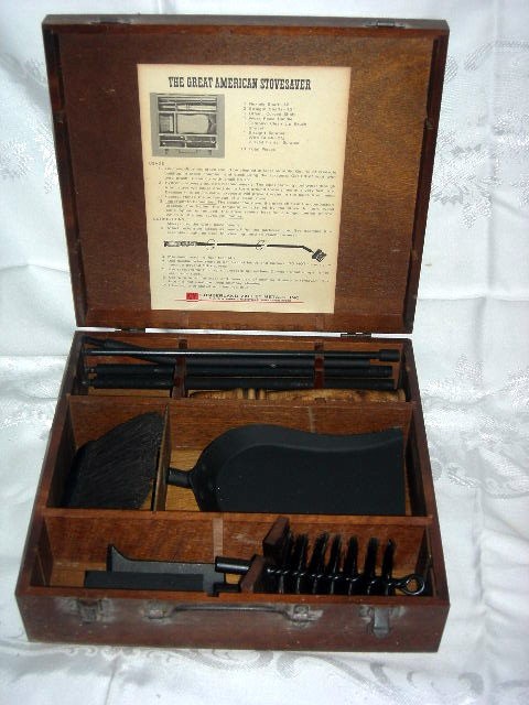 THE GREAT AMERICAN STOVE SAVER: Mint In Box Stove Saver for Woodburning Stove Including 4 Shafts, Work Piece Handle, Tampico Clean Up Brush, Shovel, 2 Scrapers, Wire Brush; Cumberland Valley Metals, Inc. Nashville, TN; Wooden Storag