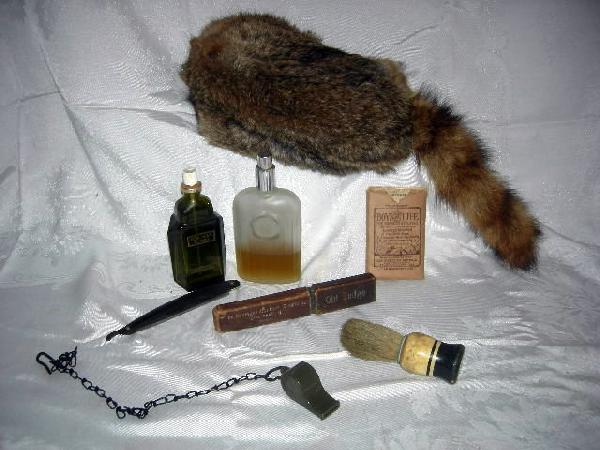 MEN'S LOT: Lot Includes 2 Straight Razors, One in Box; Shaving Brush; Georgio and For Man Bottles; US Plastic Whistle on Chain; Boy Scouts of America Boys' Life Member Cards for Carlos J. Lincks 1927-1930 and Hi