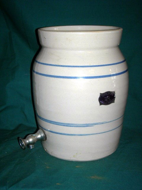 WATER CROCK W/SPIGOT: Crock w/Lid and Spigot Stamped 2, Hand Turned Marshall Pottery, Foil Label Hand Turned in the Ancient Tradition by Skilled Craftsman at Marshall Pottery, 11.75" Tall.