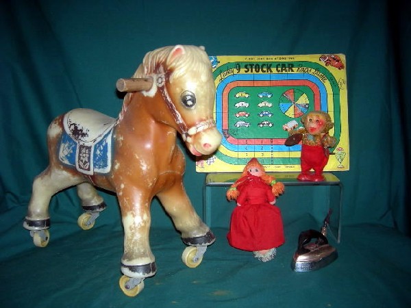 VINTAGE TOYS: Vintage Toys Including Plastic Horse, 16" Tall; Built-Rite Lucky 9 Stock Car Races Game, Cardboard, 13.5" Long; Mechanical Monkey (Missing Key to Post), 5.5" Tall; Clem Iron, Made in England (Missing 