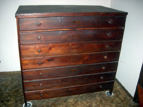 WOODEN MAP CHEST: Tall 7-Drawer Deep Chest, Wood Pulls, Each Drawer w/Metal Tab ID Holders, 50" Wide x 30" Deep x 48" Tall.