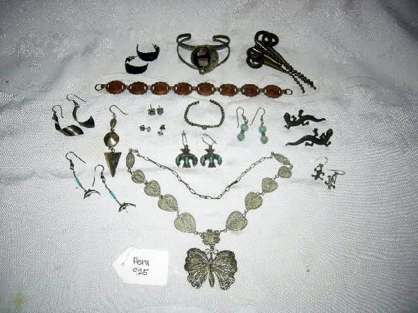 MEXICAN AZTEC JEWELRY LOT: Lot Includes Filligree Butterfly Necklace From Peru Marked 925; 9 Pairs of Earring; Copper Bracelet; Metal Cone/Bead Pin; One Sterling Drop Earring; 2 Bracelets, One Cuff Marked Mexico and a Child's B