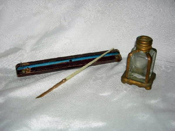 VINTAGE PEN & INKWELL: Writing Pen and Inkwell, Aikin Lambert & Co. No. 1 Pen w/Etched Nib Holder & Carved Mother of Pearl Handle, Original Leather Presentation Box, 6.5" Long; Brass & Glass Inkwell w/Shaped Base, 2.5" Tall