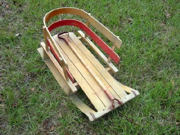CHILD'S PULL SLED: Wooden Pull Sled w/Red Paint, 31.5" Long.