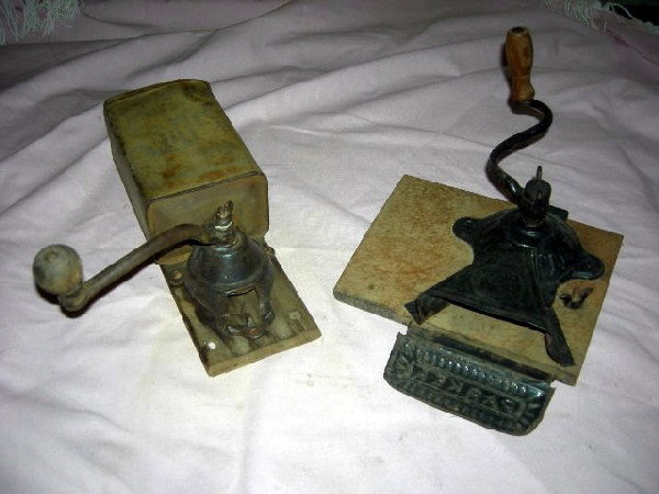 TWO COFFEE GRINDERS: Acme Coffee Mill and Parker Coffee Mill.